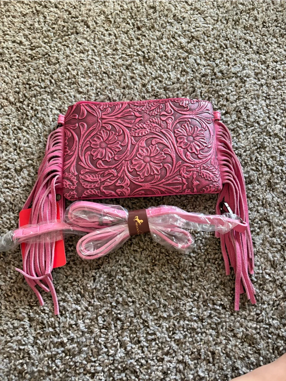 Montana West Pink Tooled Floral Fringe Crossbody Wallet